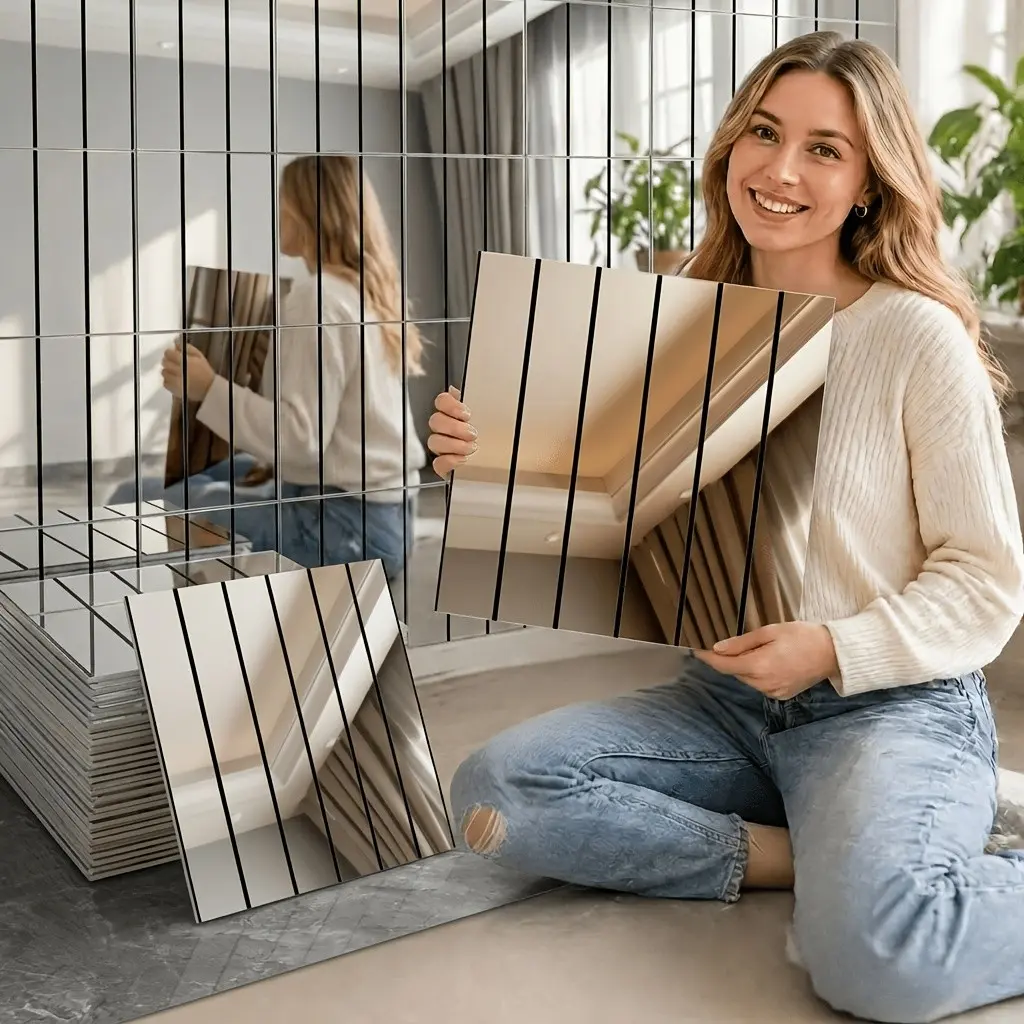 20/40Pcs Peel and Stick Wallpaper Designs Modern Luxury Grid Stripe, Mirror Reflective Hot Silver Foil Contact Paper, Thickened Waterproof Vinyl Self Adhesive Film for TV Background/Living Room/Bedroom, 12"x12" (30x30cm)