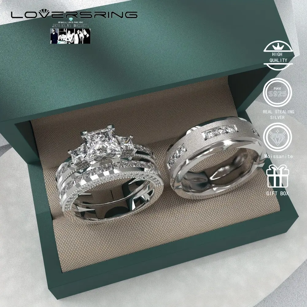 Sterling Silver Bridal & Couple Ring Sets - His Hers Moissanite Wedding/Promise Bands with Couple Ring Box