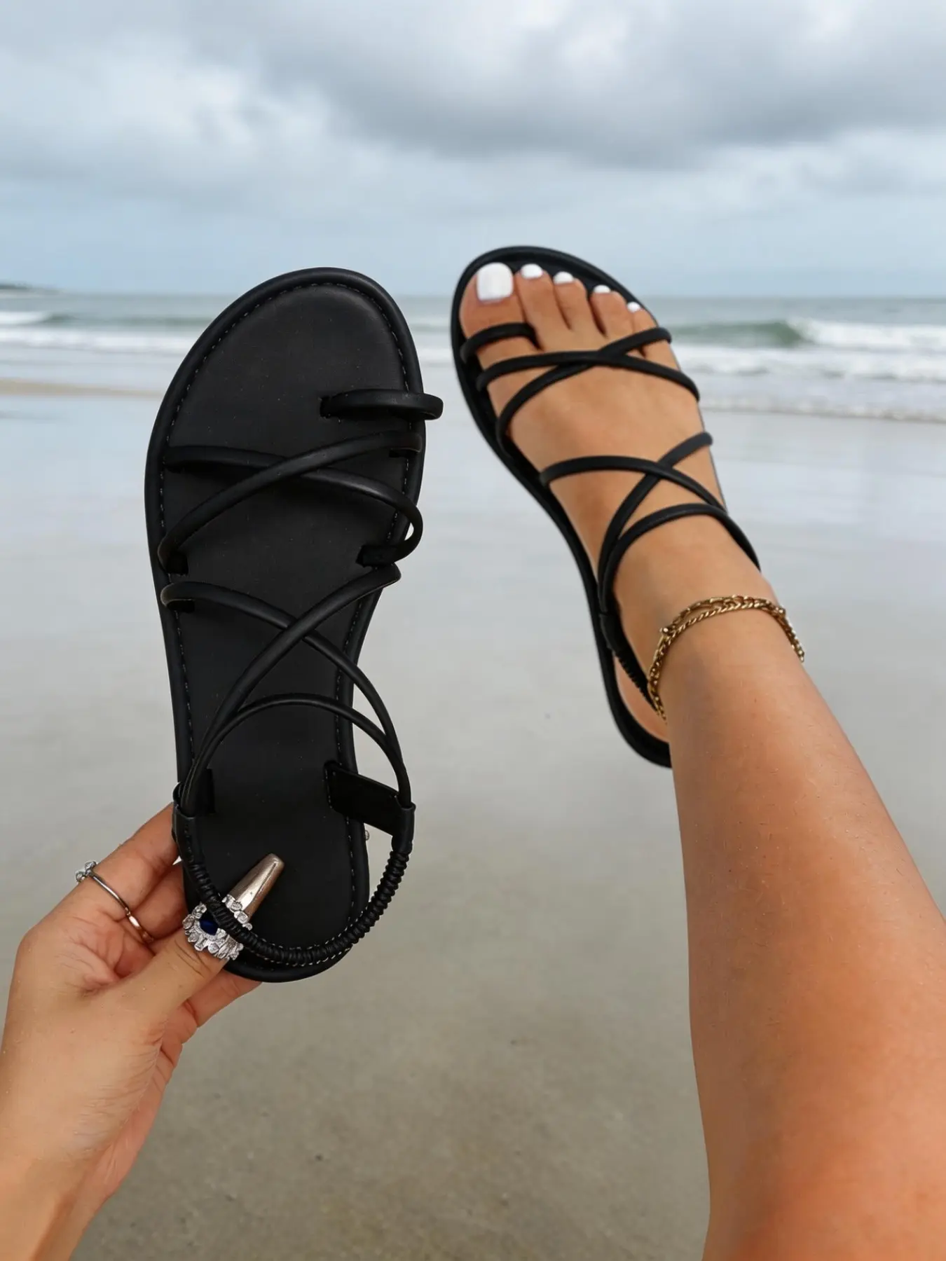 Women's Premium Faux Leather Crisscross Flat Sandals, Elastic Ankle Strap, Summer Non-Slip Comfort Sandals, Soft Open Toe Strappy Sandals