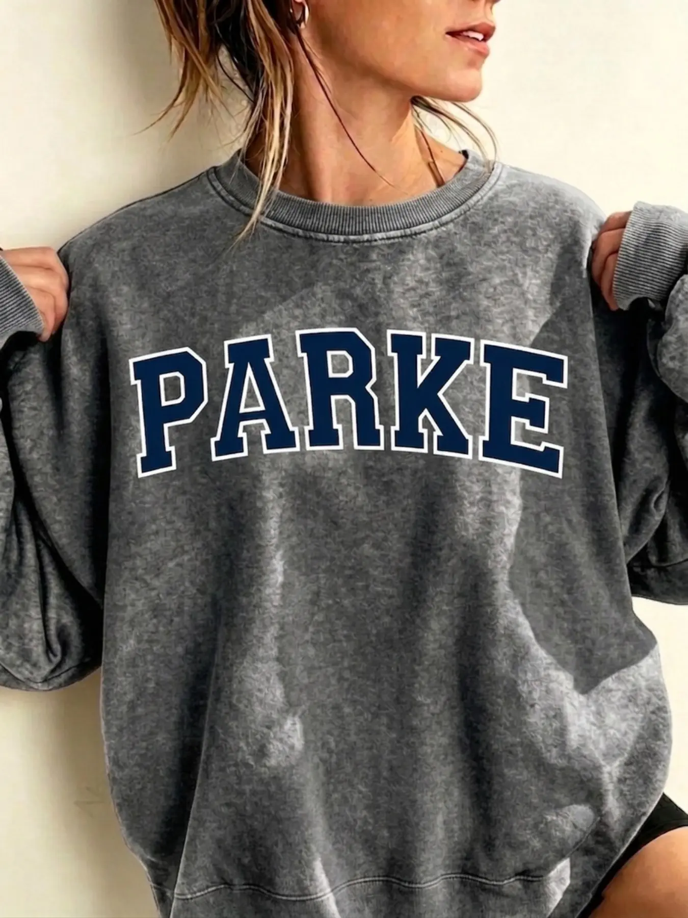 Women's Vintage-Style Varsity "PARKE" Letter-Print Oversized Fit Crewneck Sweatshirt – Washed, Distressed Look – Drop-Shoulder Long-Sleeve Top (Available in 6 Colors)