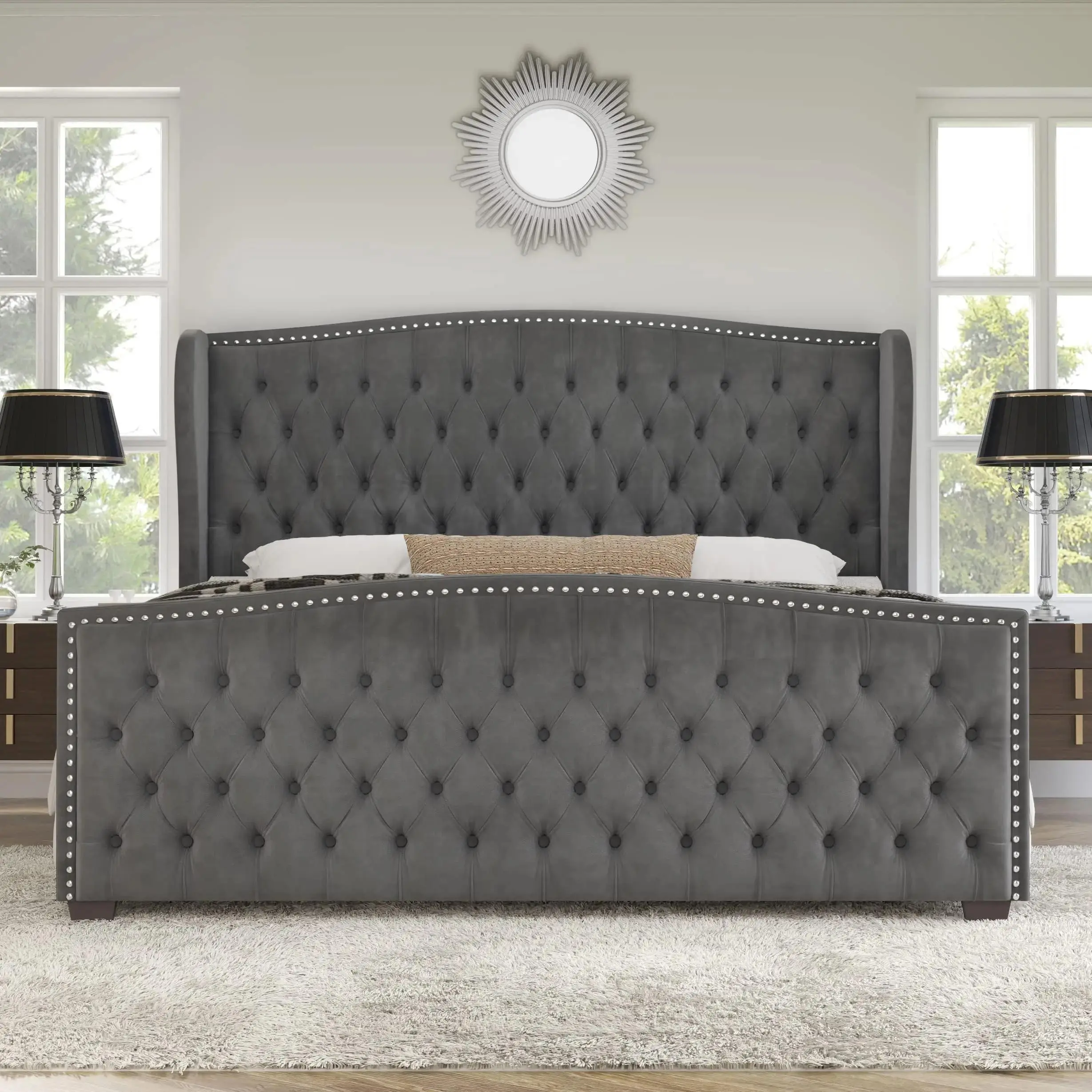 Platform Bed Frame, Upholstered Bed with Deep Button Tufted & Nailhead Trim Wingback Headboard/Hardwood Slats/Durability&Sturdy/No Box Spring Needed/Queen/King/California King Size/Best Gift Ideas/Christmas Gifts