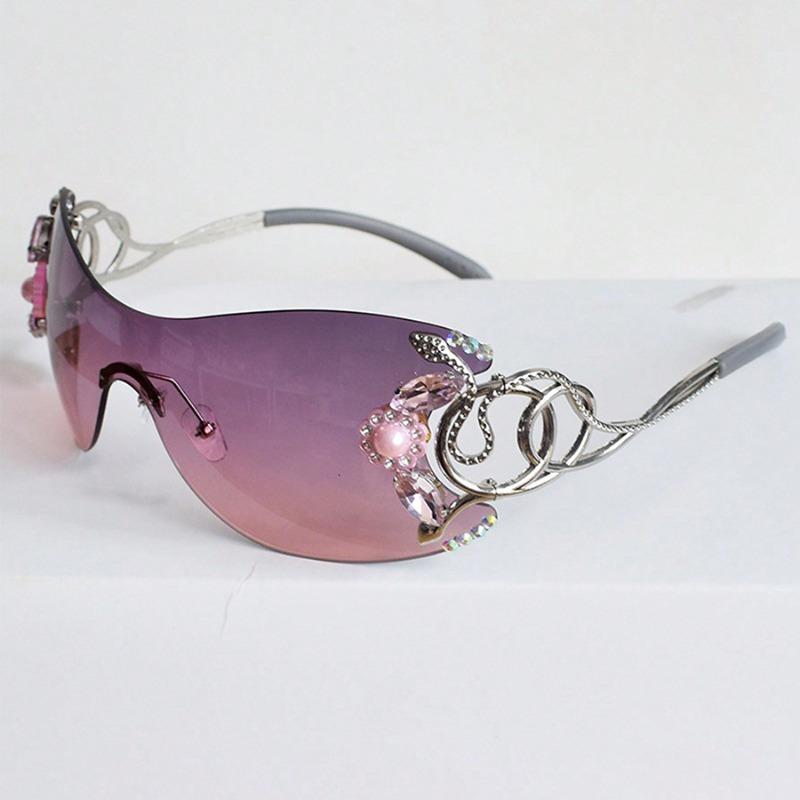 Frameless One-Piece Glasses for Women with Sparkling & Pink Floral Detailing, Gradient Purple to Pink Lenses, Trendy Eyewear for Photoshoots & Parties