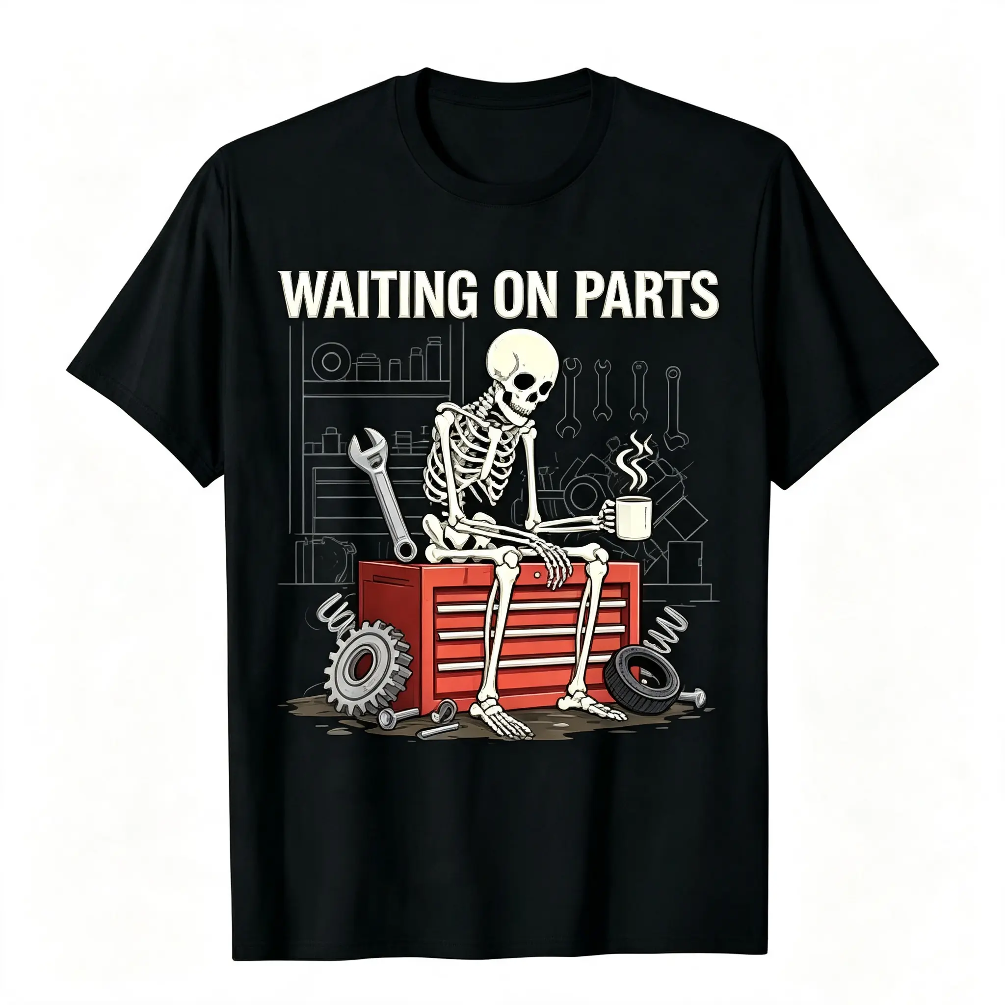 Waiting On Parts Funny Skeleton Auto Mechanic Technician T-Shirt For Men Women Couple | Trendy Tops Short Sleeve, Street Style, Comfort Tee, Casual Summer Tee, Must-Have Fashionable Tee,back to school,back to school shopping