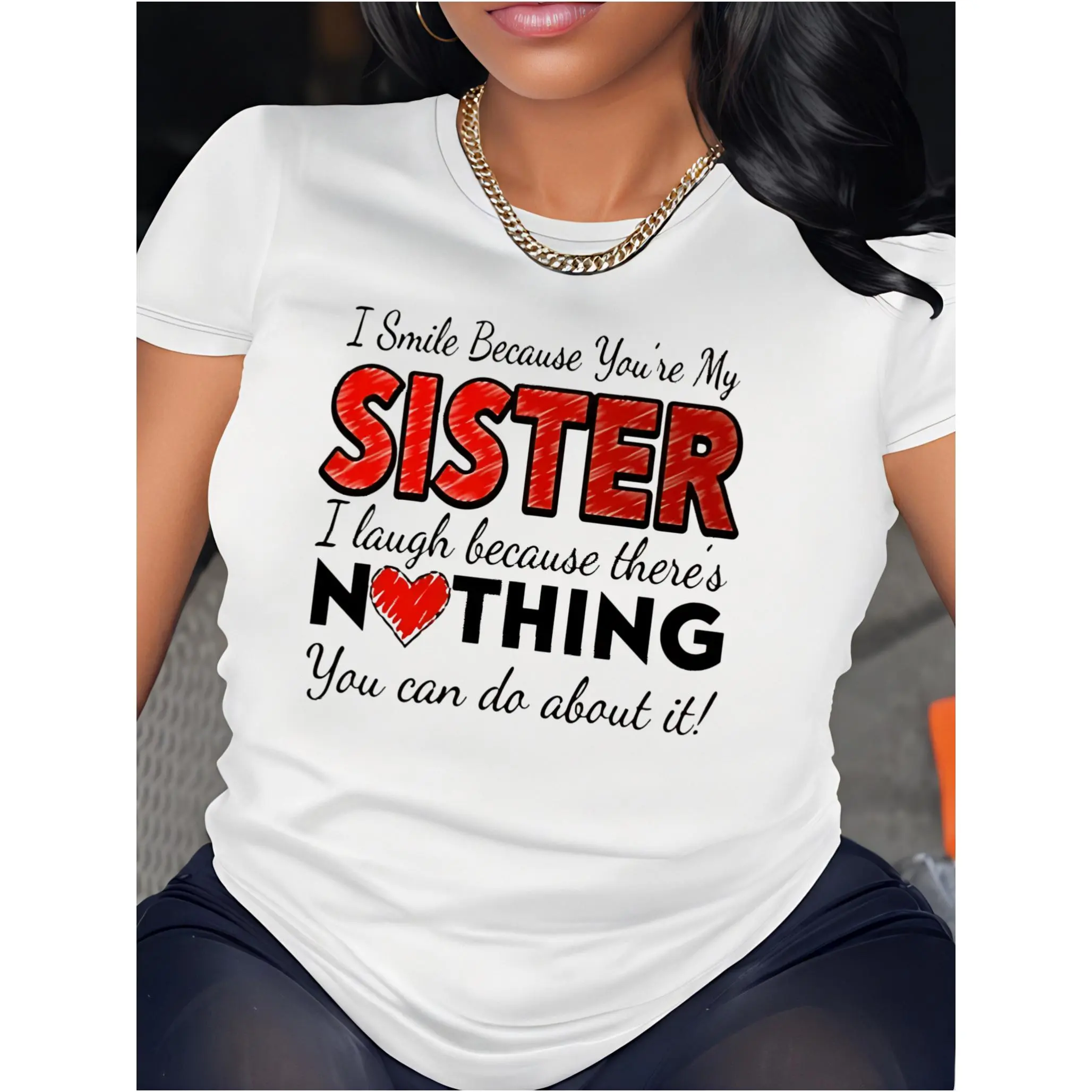 Women's Vintage Short-Sleeve Cotton Knit T-Shirt - "I Smile Because You Are My Sister" Round Neck Top, Comfortable Fit Sister Bonding Gift for Christmas & Casual Attire