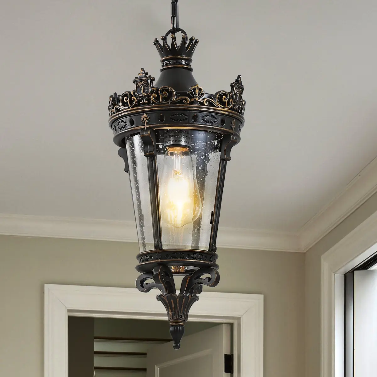 Crown-Top Style Coffee Gold Outdoor Pendant Lantern, 7.9in L x 7.9in W x 17.7in H, Retro Carved Rust-Proof Metal & Blended Glass, Waterproof Windproof Aluminum, E26 Hardwired, Adjustable Hanging Chain, AC Power, for Front Porches Garden Entryways