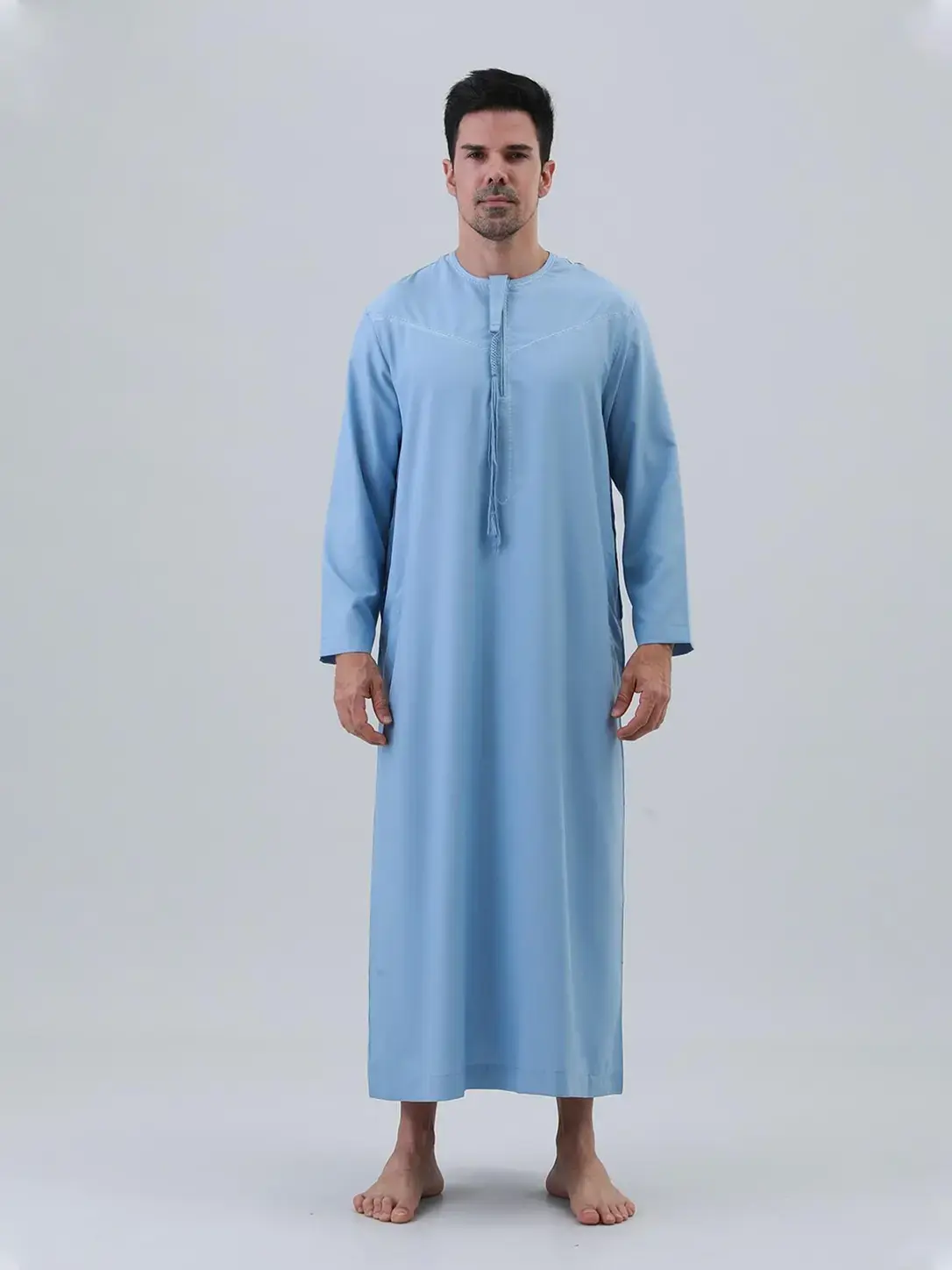 Light Blue Embroidered Fringe Men's Muslim Robe, Breathable Loose Fit Modest Arabic Thobe, Casual Daily Wear, Eid Gift