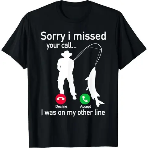 Men's Round Neck Short-Sleeve Cotton T-Shirt - Simple Men's Shirts Graphic Tee with Laugh-Worthy Digital Printed Fishing Phone Call & Fishing Line Gag