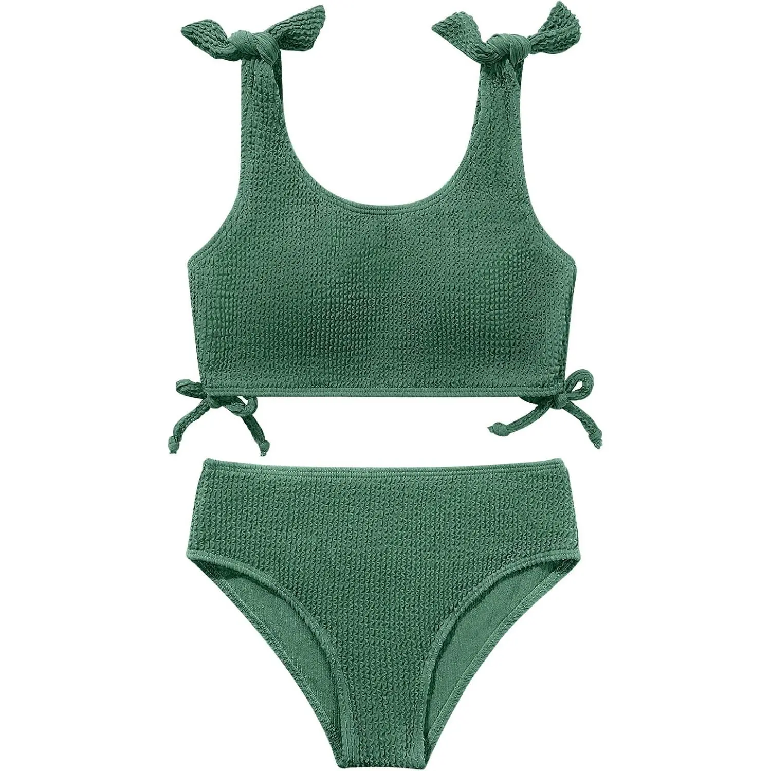 Girls 2 Pieces Swimsuits Solid Swimwear Bowknot Shoulder Strapes Bikini Set 9-16 Years Teen Girl Summer Bathing Suit(Gift)