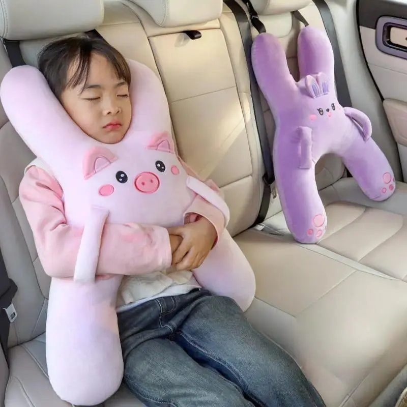 Plush Pig Car Neck Pillow for Kids, Character-Shaped Seat Belt Cover with Head Support, Cuddly Cushions for Travel, Car Interior Accessories, Accessories For Car