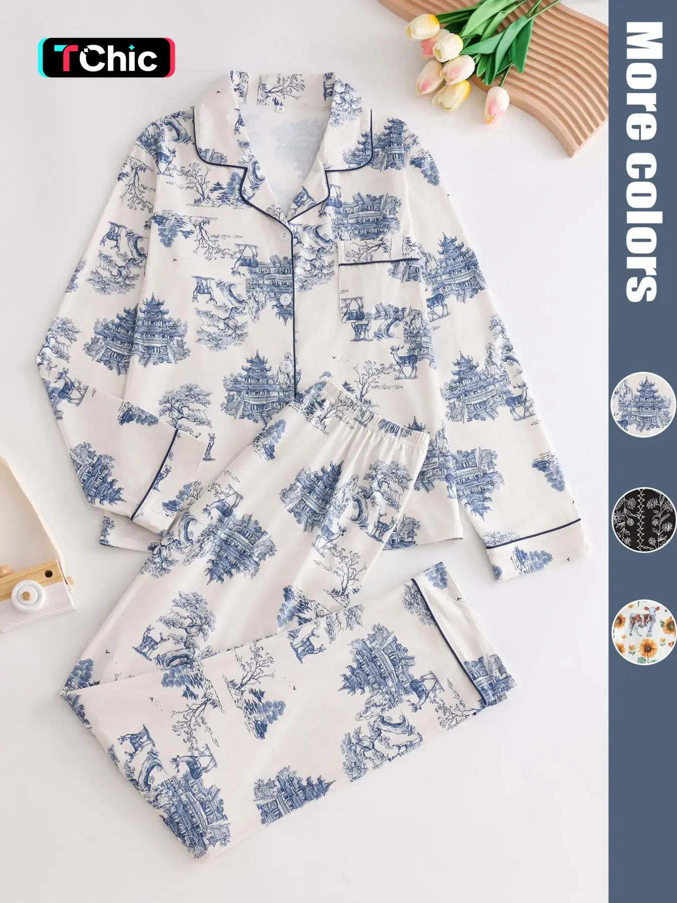 Two-Piece Set Women's All Over Print Button Front Pocket Lapel Shirt & Elastic Waist Pants Pyjama, Casual Comfy Long Sleeve Top & Trousers PJ Set, Women's Sleepwear & Loungewear for Spring & Fall, Pajama Set