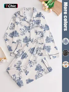 Two-Piece Set Women's All Over Print Button Front Pocket Lapel Shirt & Elastic Waist Pants Pyjama, Casual Comfy Long Sleeve Top & Trousers PJ Set, Women's Sleepwear for Spring & Fall