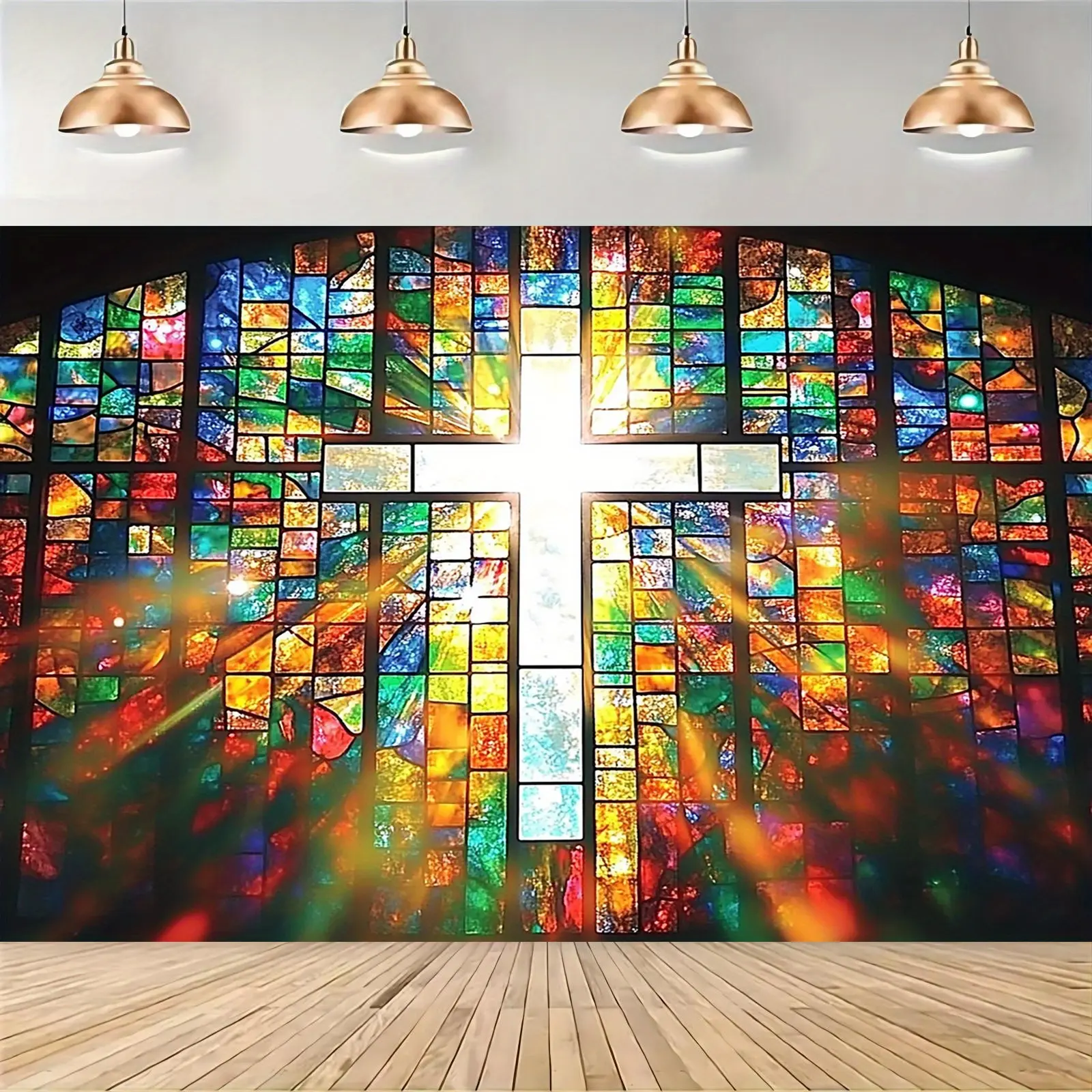 Vibrant Stained Glass Cross Wall Hanging Cloth - Multi-Purpose Decor Banner for Weddings, Birthdays - Ideal Gift for Textile Event Accents