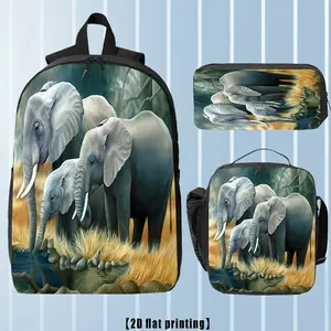 3pcs Watercolor Style Elephant Backpack, Large Capacity 17-Inch Casual Laptop Bag with Water Bottle Holder - Lightweight Durable School Backpack with Lunch Box and Pencil Case, Autumn Gift, Home Decor,