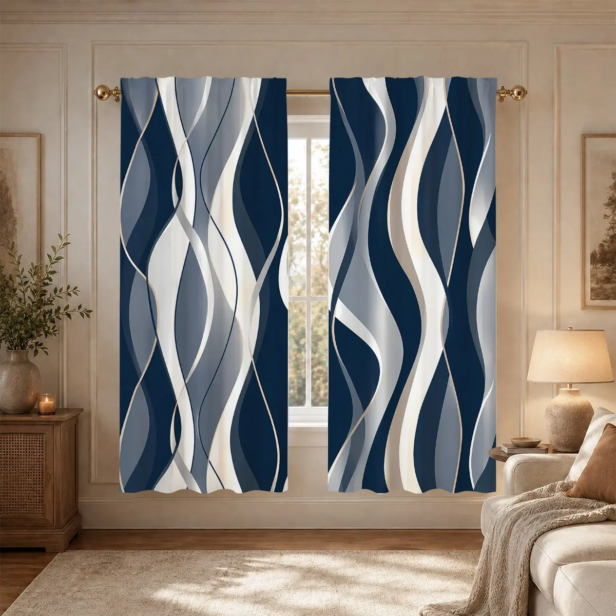 2pcs dark blue wavy semi-blackout curtains, light luxury fabric for living room and bedroom, made of polyester, suitable for bedroom, kitchen, study, cafe, etc., Curtain For Windows, Window Curtains