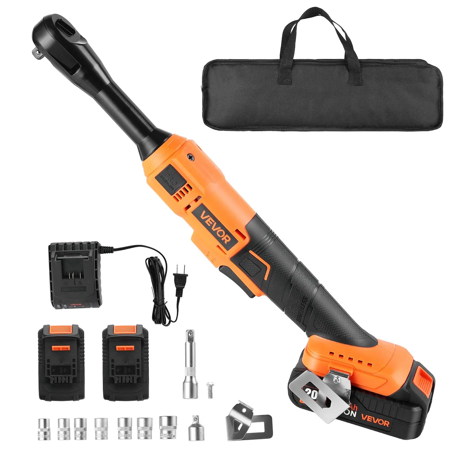 【DealsForYouDays】VEVOR Cordless Ratchet Wrench, 3/8 inch Drive, 230 RPM, up to 66 ft-lbs of Torque, Battery Powered Electric Ratchet Wrench Set with Two 2.0Ah Batteries, Charger, Sockets, Adaptors and Cloth Bag