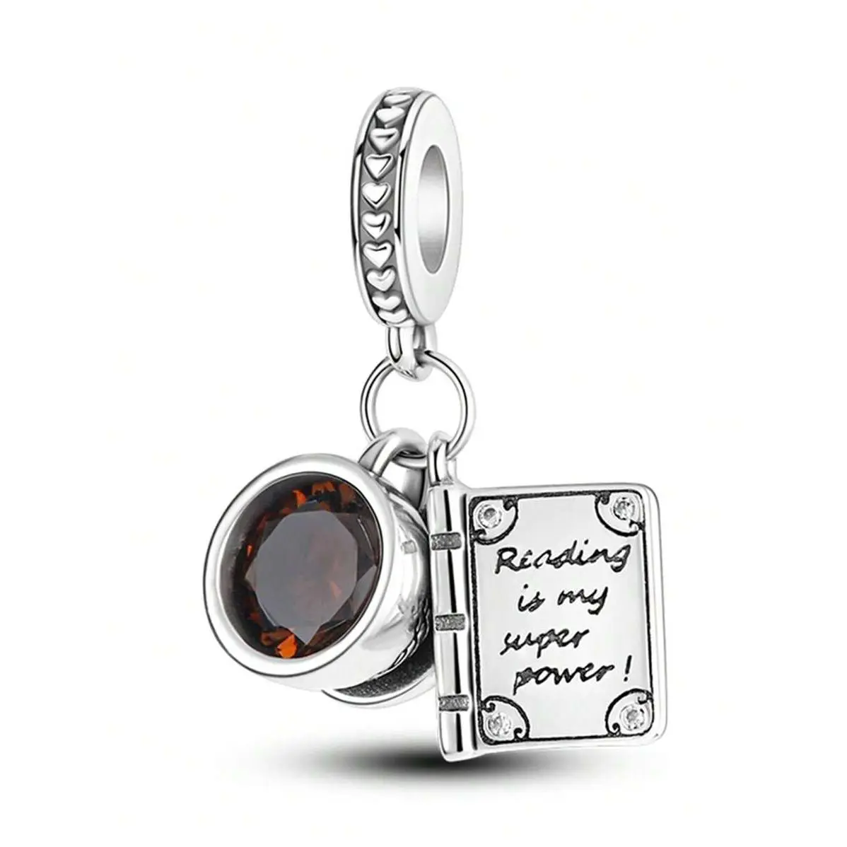 1pc Silver-Plated Book & Coffee Cup Heart Shaped Pendant, Suitable For Women Bracelet DIY Jewelry