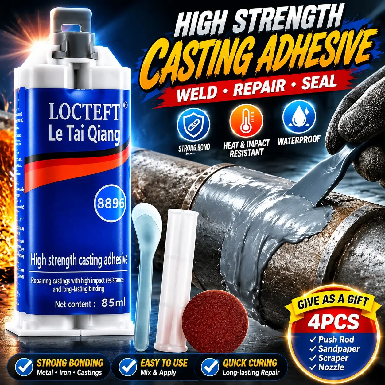 Enhanced casting glue, Metal Repair Glue, Ab Epoxy Adhesive, High Temperature Resistant Liquid Metal Welding Filler for Metal Casting Defect, AB Glue new semiIndustrial-Grade Cold Weld Epoxy, Leak-Proof Sealant Putty for Emergency Repairs on Stainless