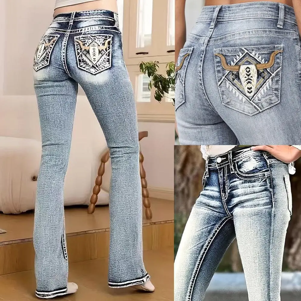 Women's 2026 Summer New Streetwear Washed Retro Bull Head Embroidered High-Waist High-Elasticity Denim Flared Pants Jeans, Bottom, Retro Street
