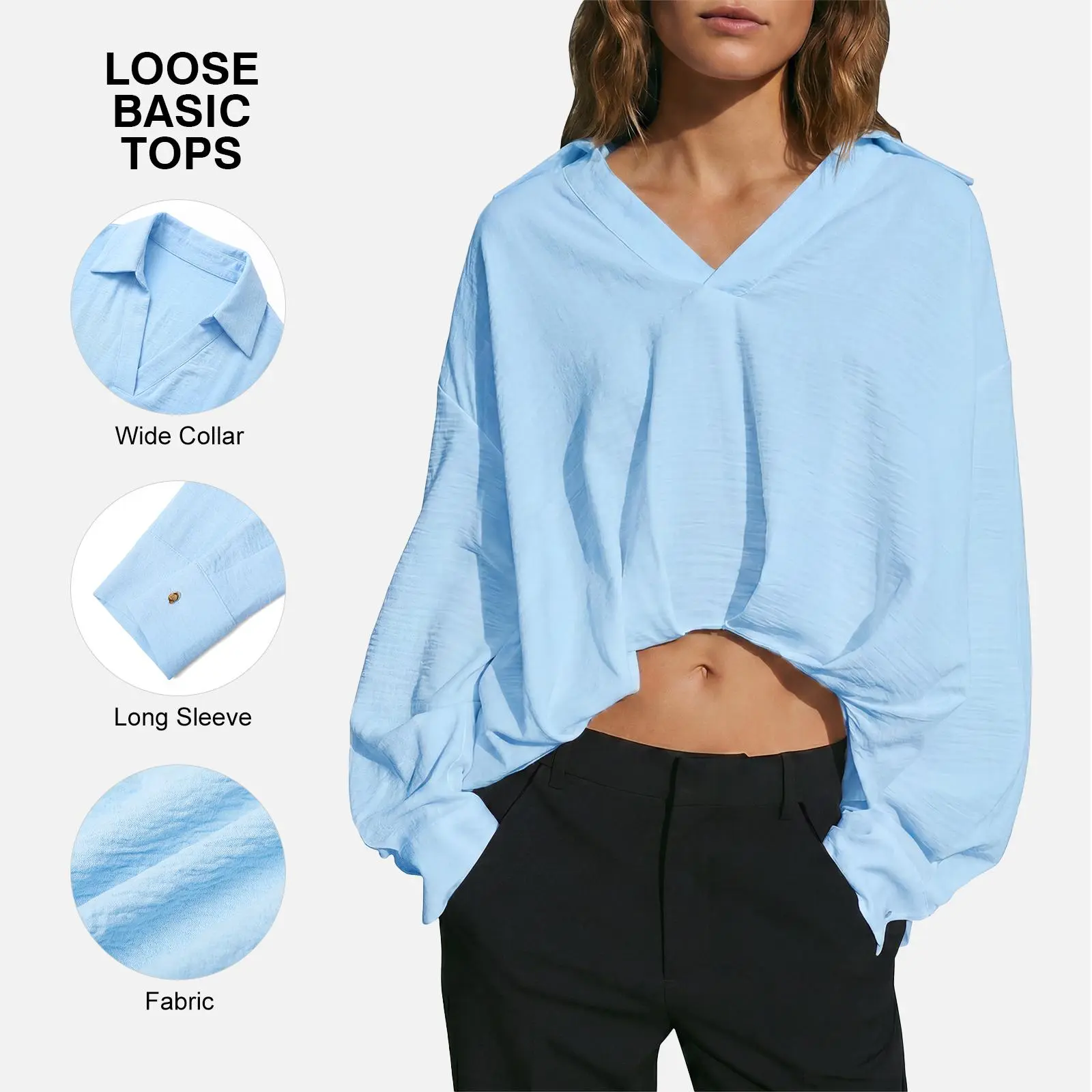 Imily Bela Womens Flouncy hem shirt V Neck Long Sleeve Shirts Oversized Solid blouse Tops