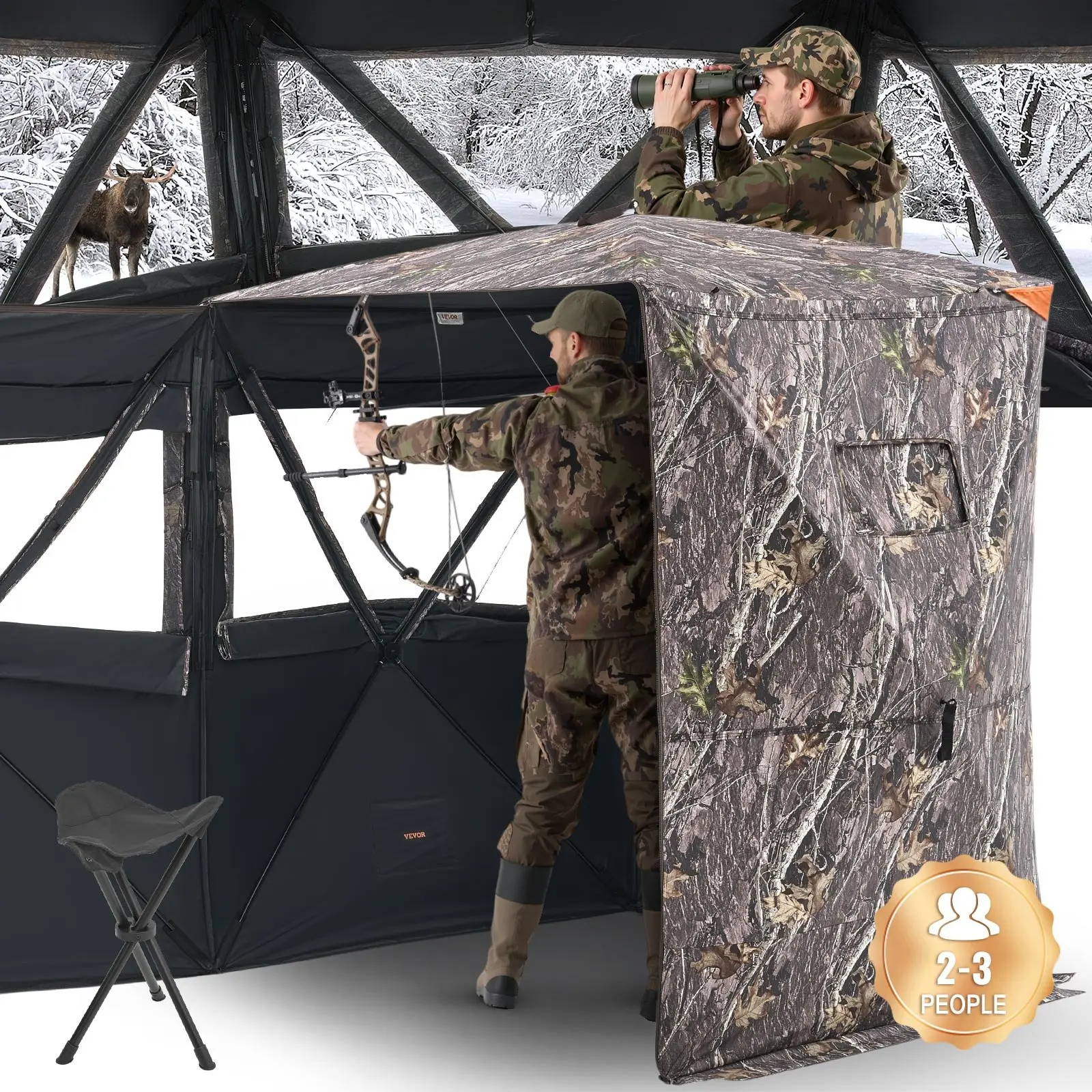 VEVOR Hunting Blind, 2-3 People Thermal Insulation Ground Blind with Tri-Leg Chair, Carrying Bag, Silent Zipper Door, Window, Portable Setup Durable Concealed Shelter for Turkey Hunting