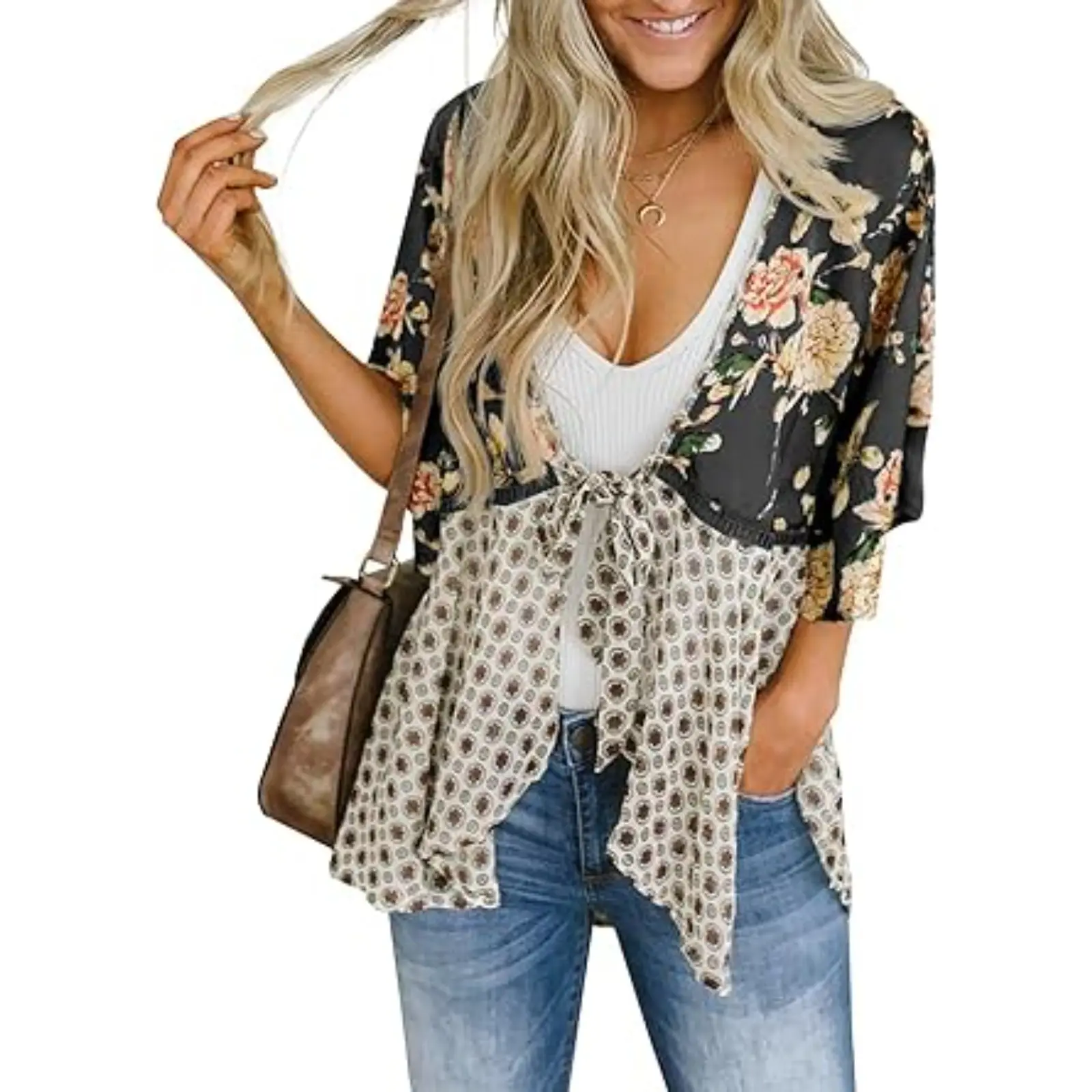 Saodimallsu Women's Boho Floral Kimono Cardigan - Flowy Lightweight Tie Closure Beach Cover Up with Ruffle Half Sleeves, Polyester Embroidery Bathing Suit Coverup, Machine Wash Casual Womenswear, Swimsuit Cover Up sohochic