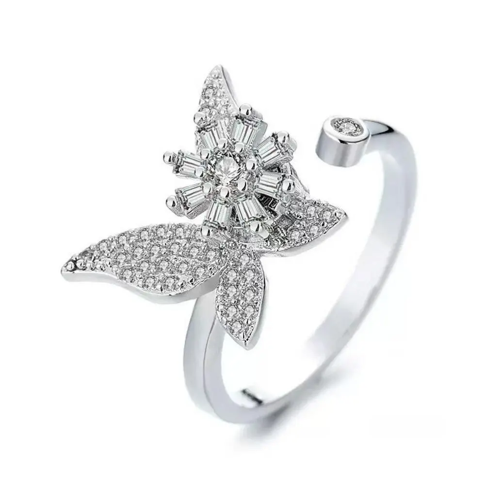 Women's 18mm Adjustable Open-Band Butterfly & Sunflower Fidget Ring - Hypoallergenic Spinner Ring, Elegant Anxiety-Relief Costume Jewelry, Ideal Gift for Birthdays, Valentine's Day
