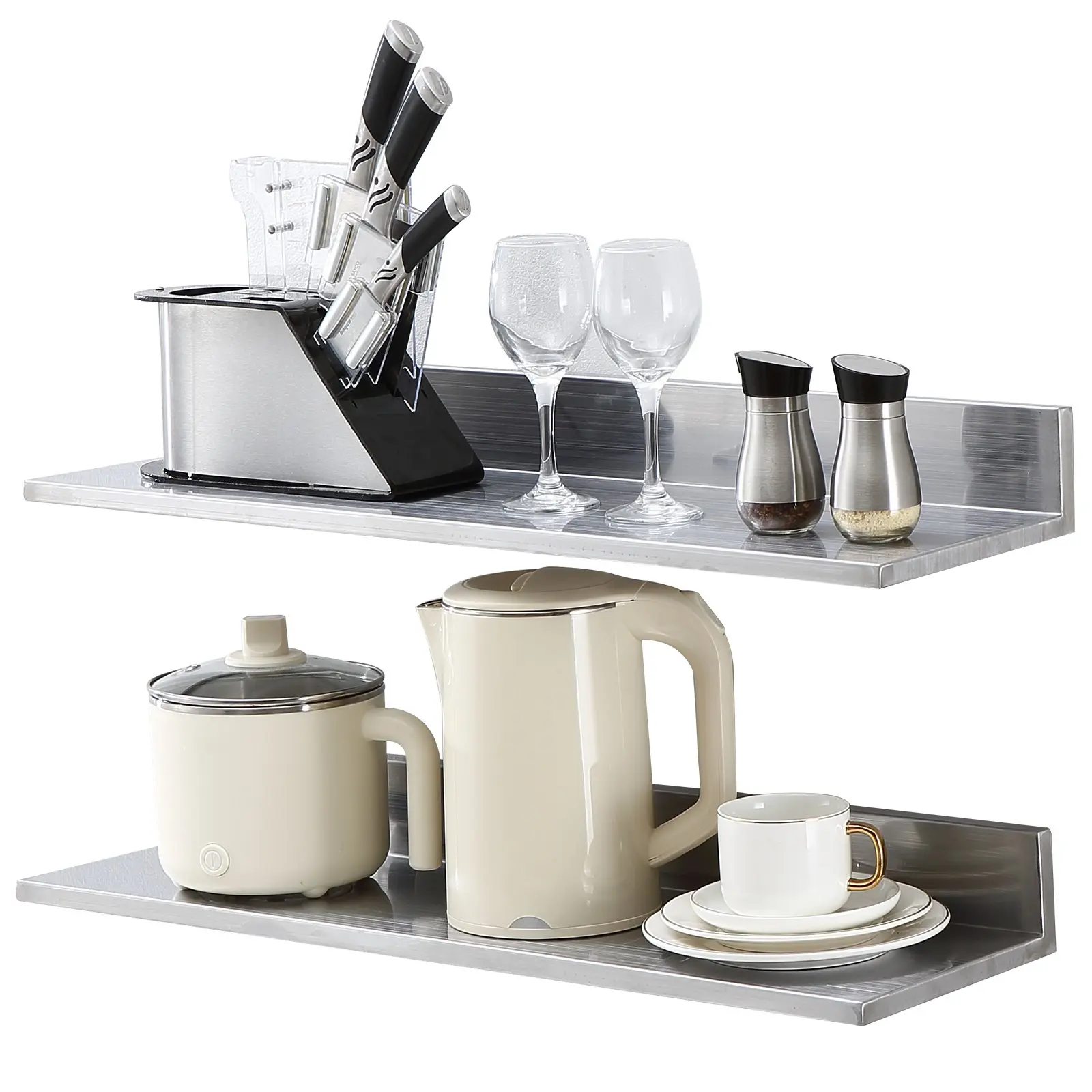 VEVOR 8.6" x 30" -2 Pack Stainless Steel Shelf, Wall Mounted Floating Shelving with Backsplash, 44 lbs Load Capacity Commercial Shelves, Heavy Duty Storage Rack for Restaurant, Kitchen, Bar, Home, and Hotel