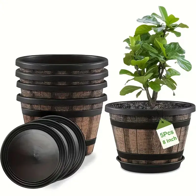 Set of 5 8-Inch Whiskey Barrel Style Planters with Saucers, Indoor & Outdoor Use, Plastic Faux Wood Look, Drainage Holes, Garden Patio Decor, Flower Pots, Above Ground Planters