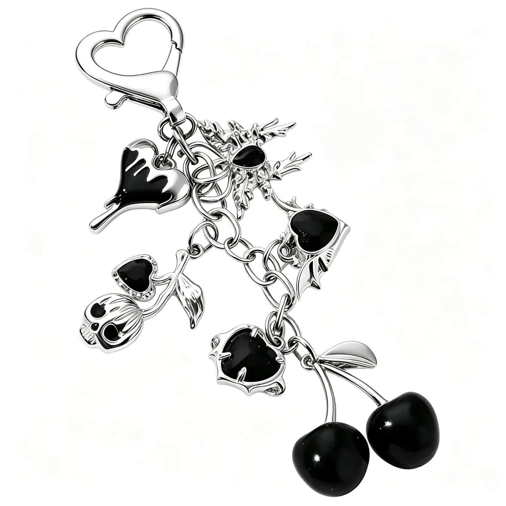 Retro punk style practical texture cherry bag hanging, cherry shape+heart-shaped wing decoration, chain design, heart-shaped buckle, can be used as bag hanging and keychain, exquisite and fashionable, Bag Charm Keychain, Bag Pendant, Bag Accessory
