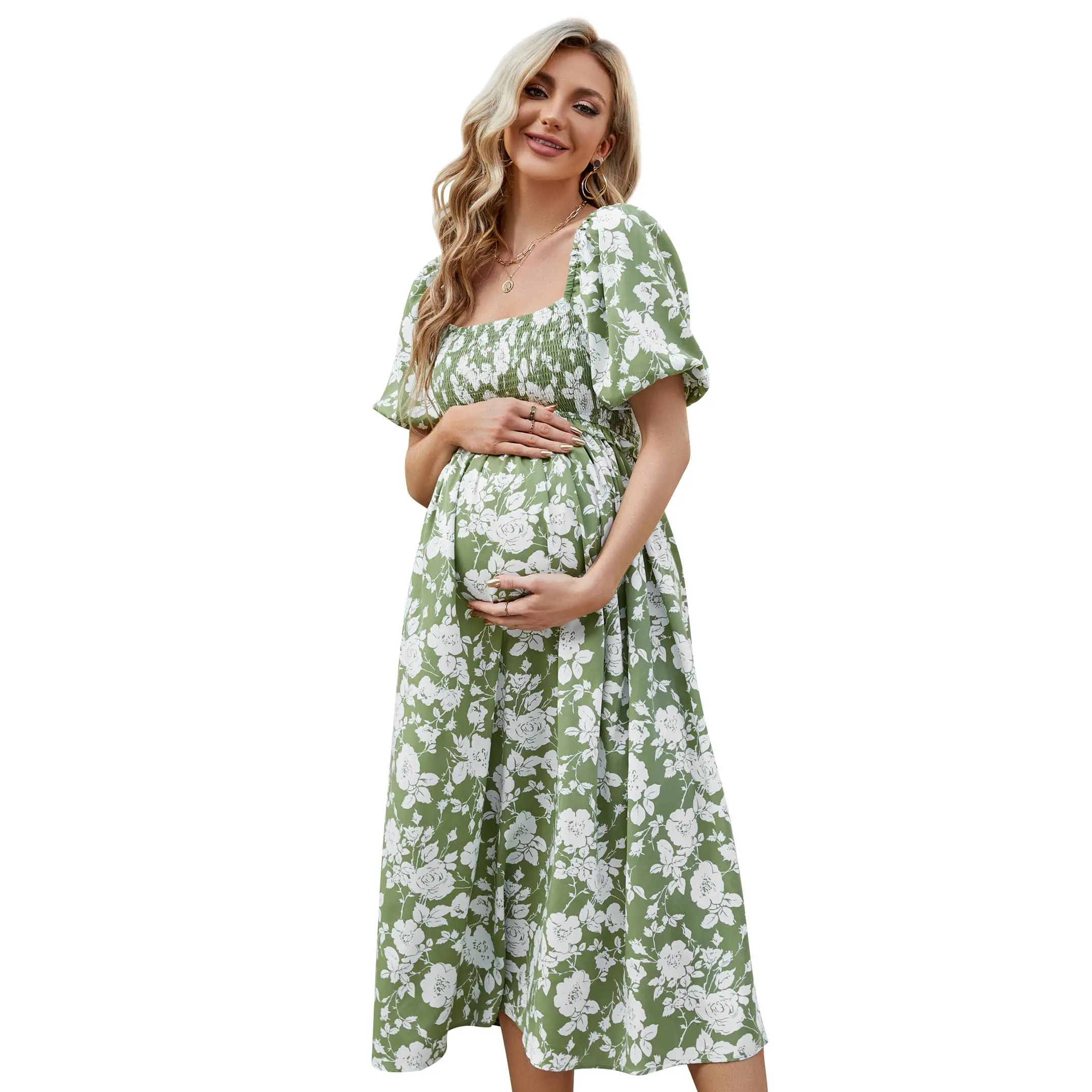 YF Women Maternity Square Neck Puff Sleeve Floral Midi Dress Smocked Stretch Loose Pregnancy Long Dress Summer Baby Shower Photoshoot Casual Postpartum Wear Vacation Floral Gown