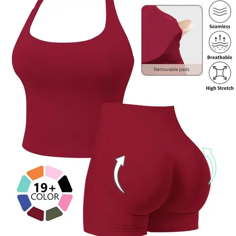 Seamless Workout Sets for Women, Halter Tank Top & Gym Scrunched Shorts Sports Set, Sporty Breathable Quick Drying Outfits for Yoga Gym Workout Running, Ladies Sportswear for Summer, Exercise Clothing Set #GLOBAL PICKS
