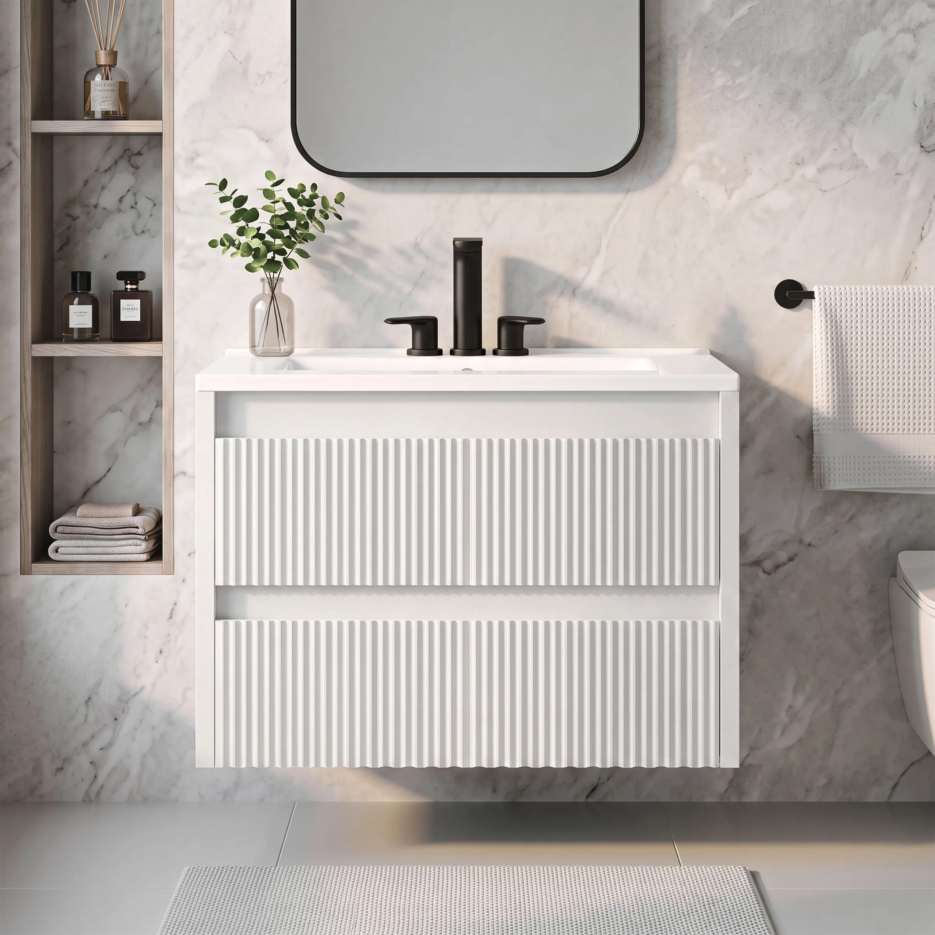 24 Inch Floating Bathroom Vanity with Sink – Wall Mounted Modern Double Drawer Vanity Set, Waterproof PVC Wavy Board, Ceramic Basin (4"/8" 3-Hole), Compact Design