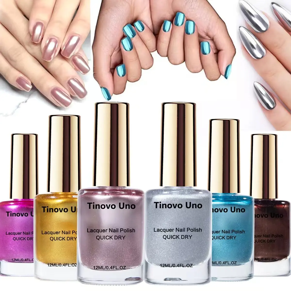 Tinovo Uno 6-Piece Set of Mirror-Effect Metallic Nail Polish, Alcohol-Free Quick-Dry Formula, Chrome Finish, Salon-Ready, Long-Lasting, Easy to Apply, For Adult Use
