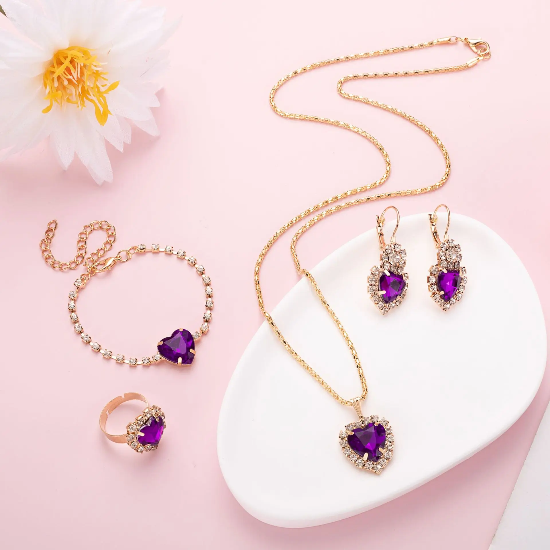 Love Hearts Alloy Metal Korean Look Multi-Piece Costume Jewelry Set Pack - 4 PCs Heart-Shape Rhinestone Necklace, Earring, Ring, Bracelet