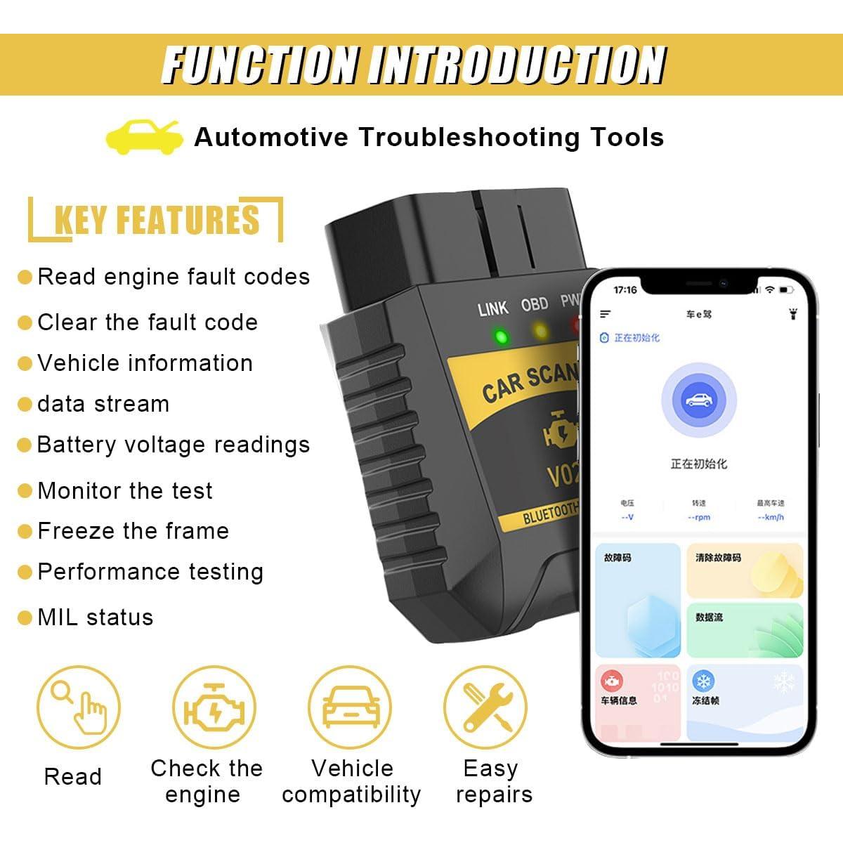 OBD2 Scanner Reader,  Code Reader Connect to Phone, Auto Diagnostic Scan Tool, OBD2 Scanner for Reset/Clear  Engine Error Code, Fits  & Android