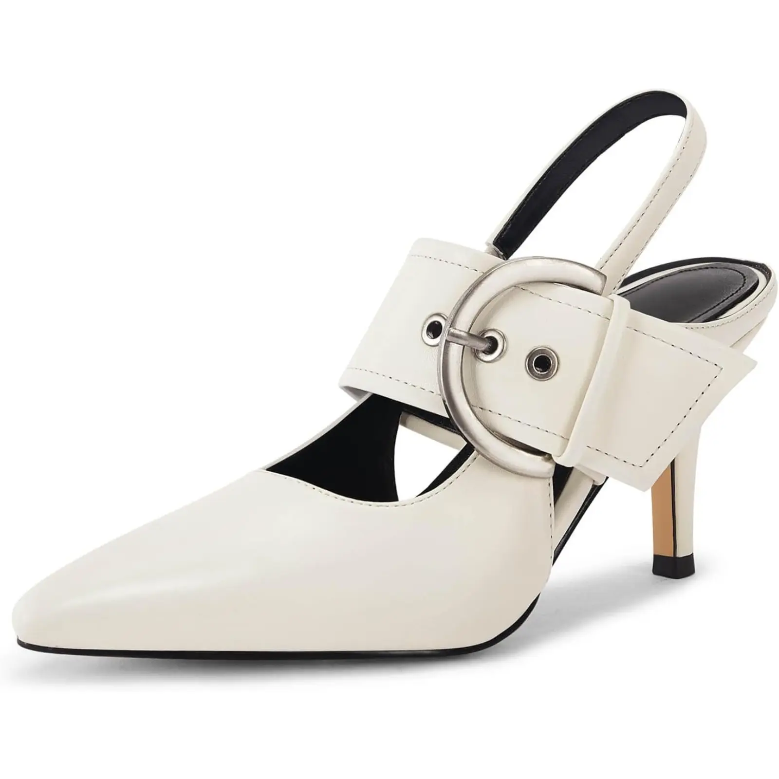 Coutgo Women's Chic Satin Fabric Plain Breathable Closed Pointed Toe Slingback Pumps - High Heels with Belt Buckle Strap, Casual Dressy Work Shoes
