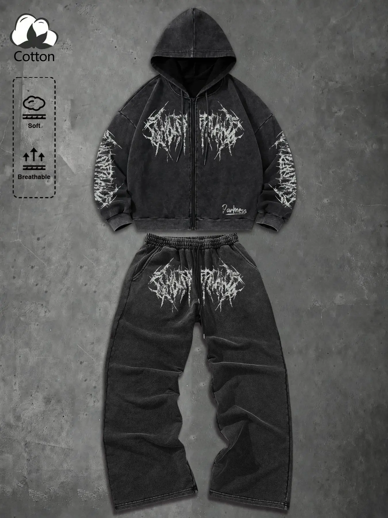 Unisex Y2K Dark Gothic Washed Black Zip Up Hoodie and Baggy Sweatpants Set - Oversized Heavy Metal Graphic Vintage Streetwear 2 Piece Outfit Street Style