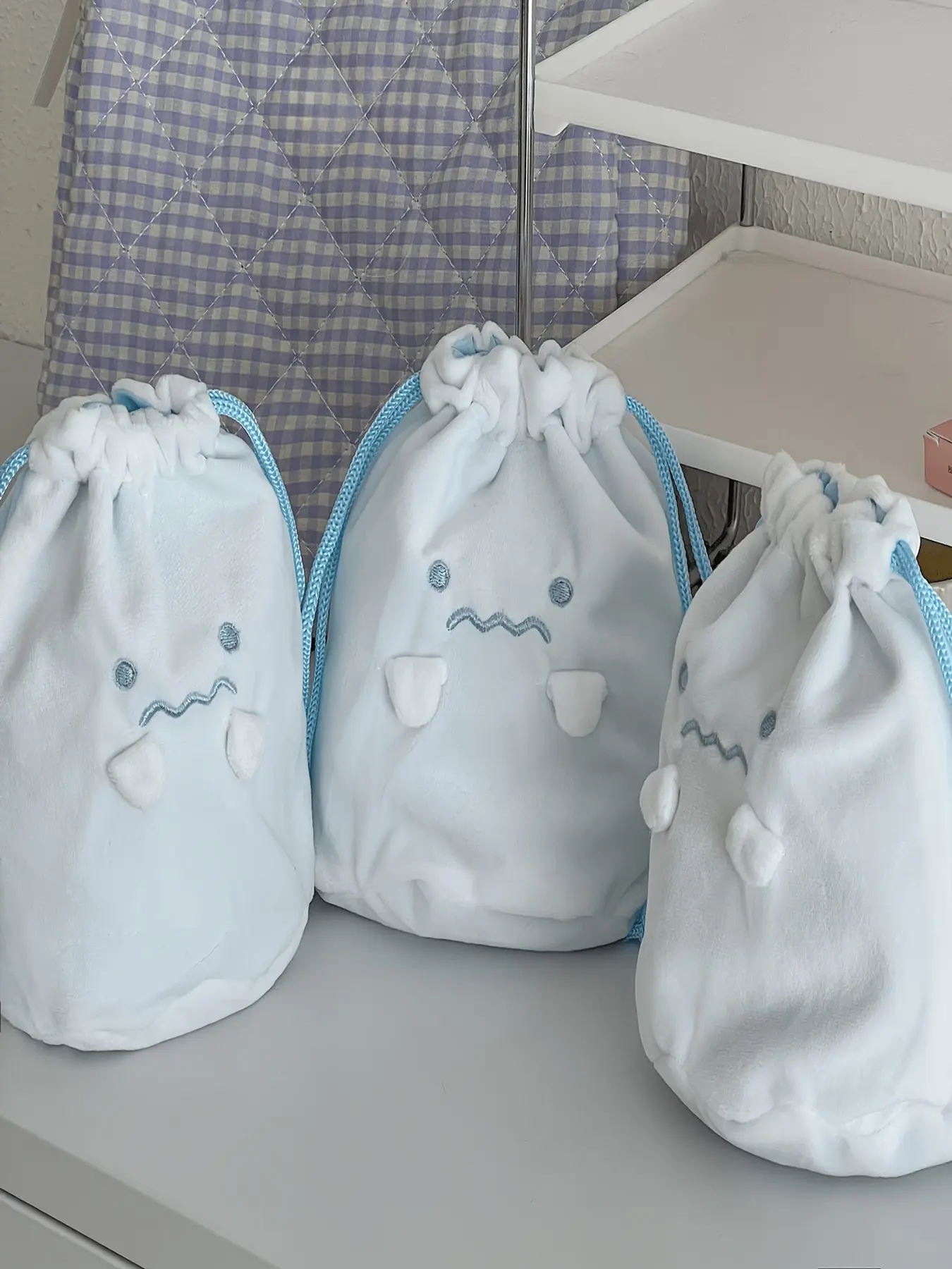 Cute Cartoon Ghost Drawstring Bag, Large Capacity Portable Storage, Japanese Style Stationery Organizer, Dust-Proof Miscellaneous Pouch