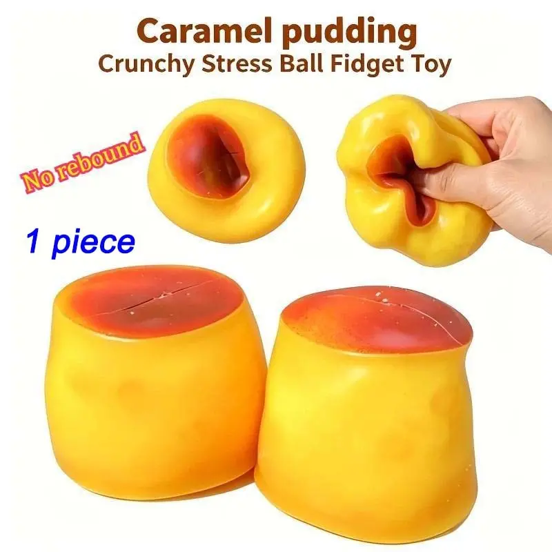 Caramel Pudding Crunchy Moldable Stress Ball, Hand Squeeze Ball, Squeeze Fidget Toy with ASMR Sensory Filling, Stress and Anxiety Relief Toy for Adults