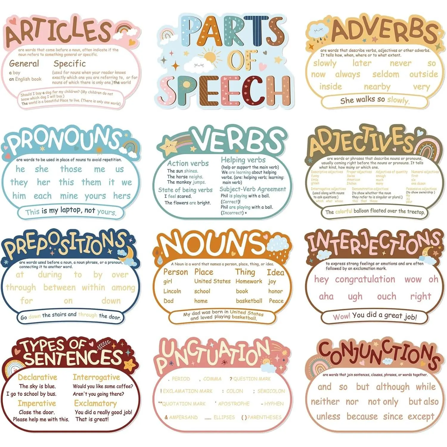 12Pcs Parts of Speech Posters Grammar Poster Educational Grammar Cutouts Bulletin Board Set English Grammar Chart Language Art Bulletin Board Decor (Boho)