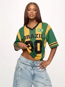 Unisex Brazil 00 Flag Print Oversized Mesh Jersey T-Shirt,2026 Y2K Streetwear Green Yellow Striped V-Neck Short Sleeve Tops,Loose Fit Casual Aesthetic,Daily Wear, Street Style, Hip Hop, Beach,Lightweight Brazil Flag Jersey for Men Women