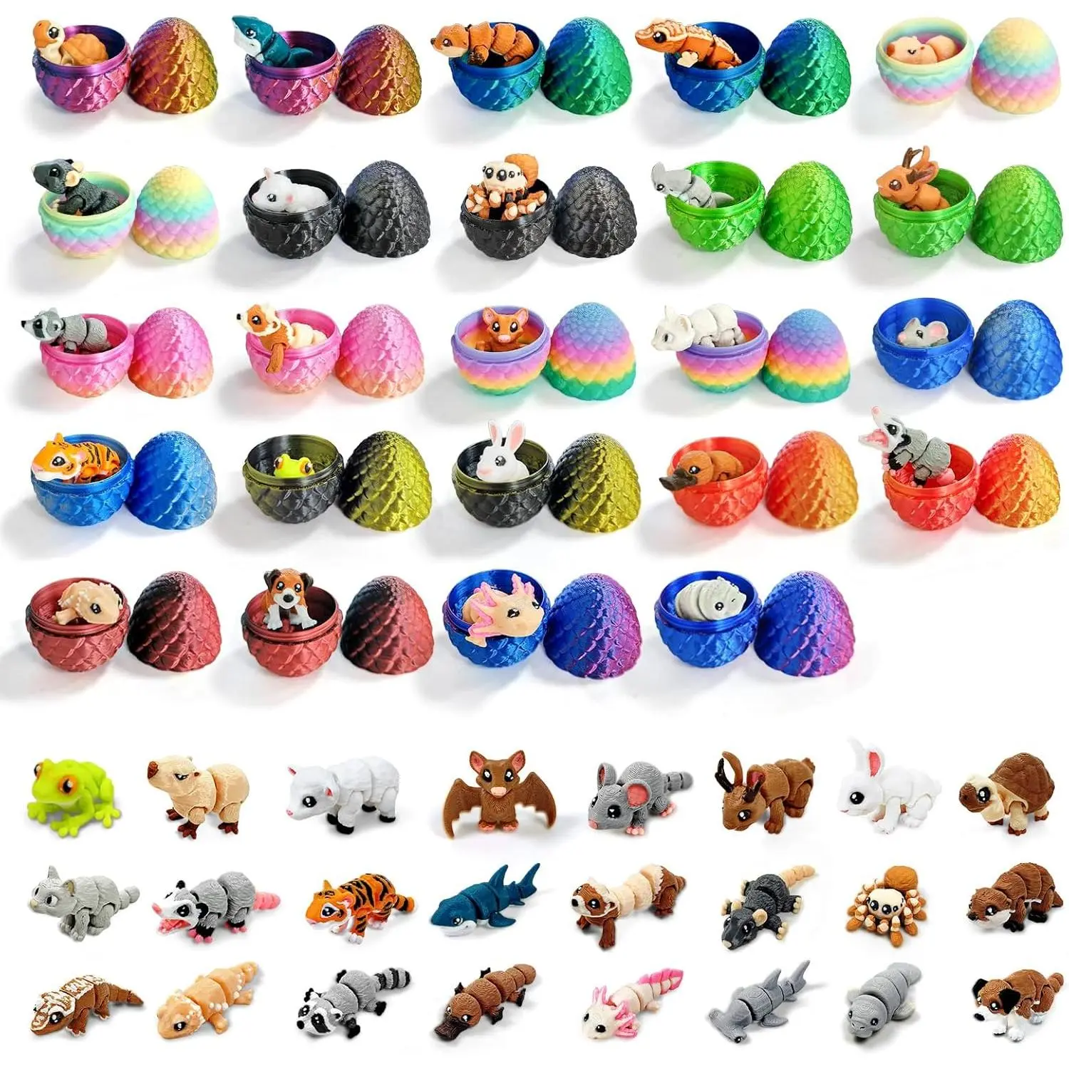 24 Pcs Mini 3D Printed Animals in Sparkle Eggs - 1.5-2 Inch Articulated Animal Figurines with Multicolor Gradient Shells, Christmas or Easter Egg Advent Calendar, Collectible Display Decorfidget toys