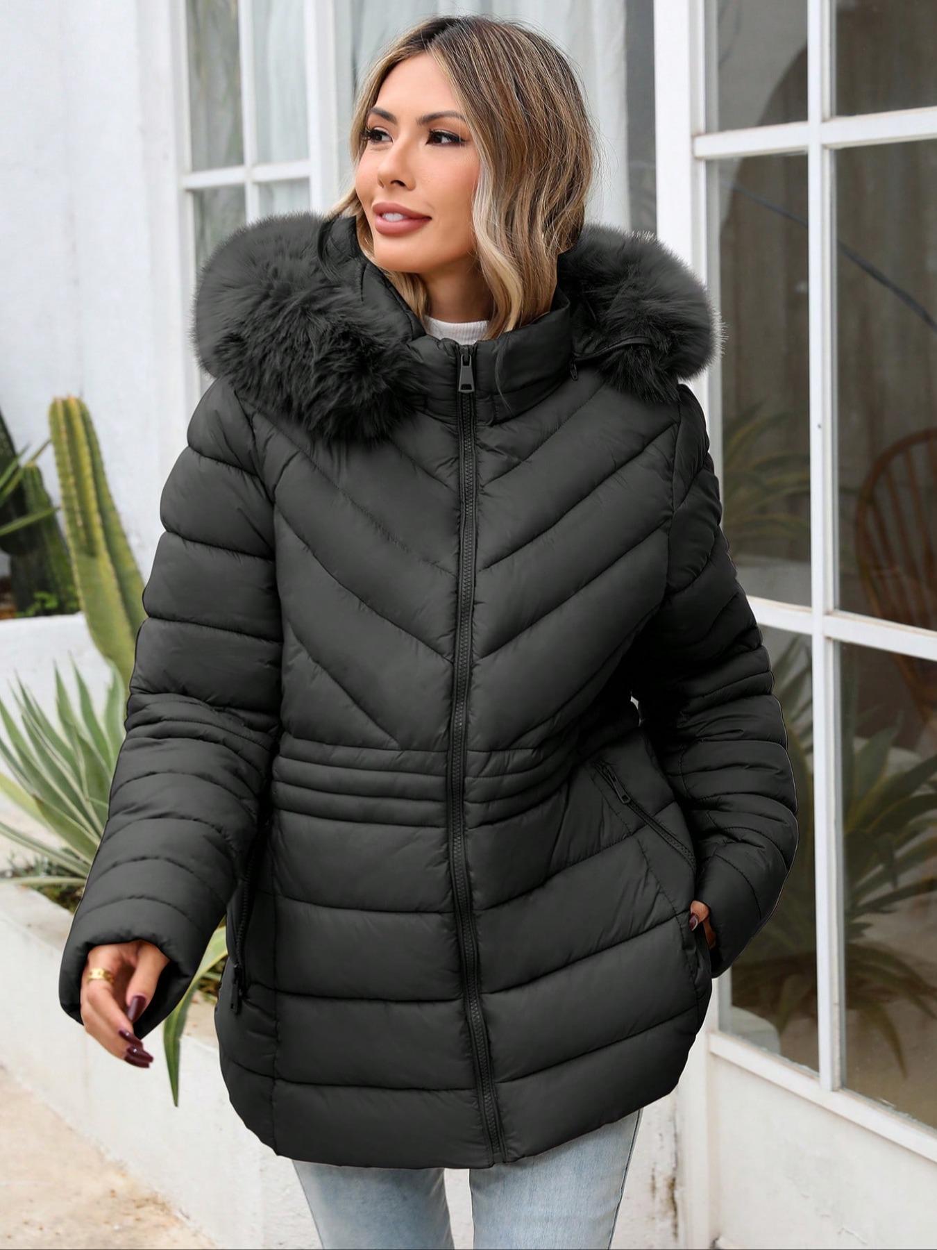 Women's Plus Size Winter Comfortable Cotton Jacket, Commuter Simple Fall & Winter Mid-Length Hooded Warm Coat, Long Sleeve Fitted Style Outerwear