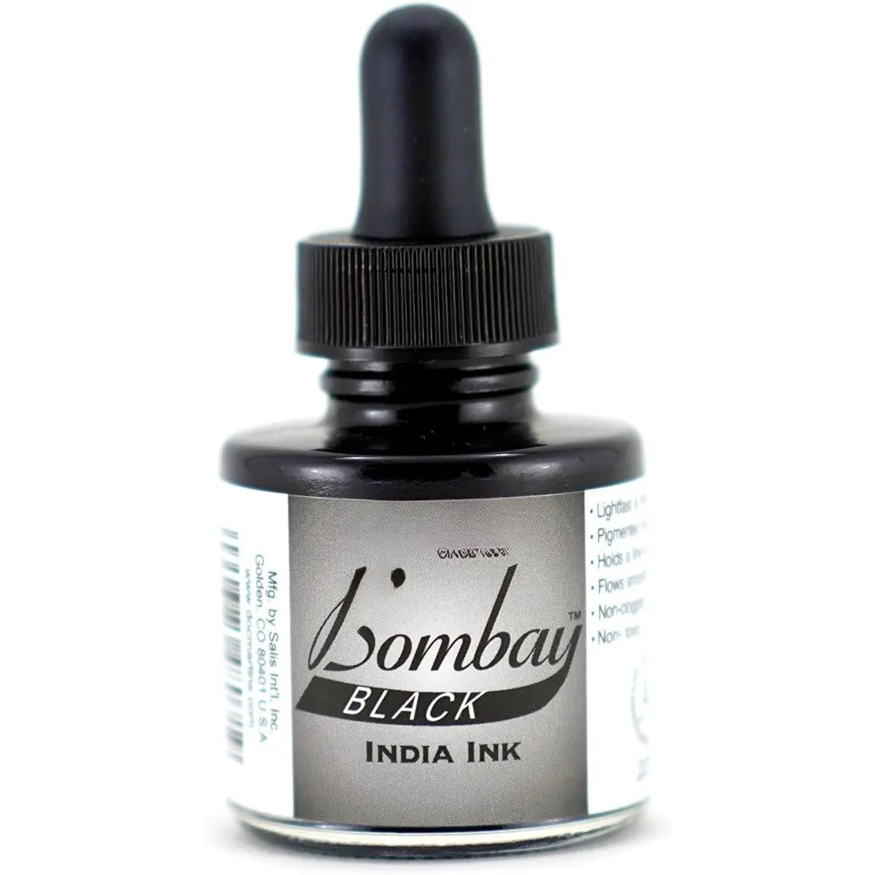 Bombay India Permanent Ink Glass Bottle (7BY) - 1.0 oz Black Ink with Dropper Cap, Lightfastness, 1 Bottle