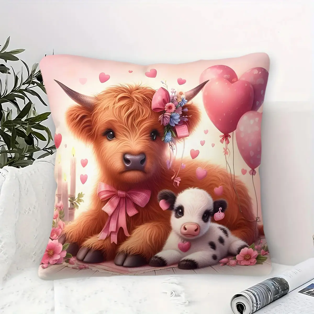 Highland Cow Themed Printed Accent Pillow, Mother and Calf Cow Floral Heart-Shaped Balloon Pattern Throw Pillow, Children'S Gift, Romantic Valentine'S Day Home Decoration, Soft and Comfortable Office and Leisure Cushion (1 Piece, Includes Pillow Insert).