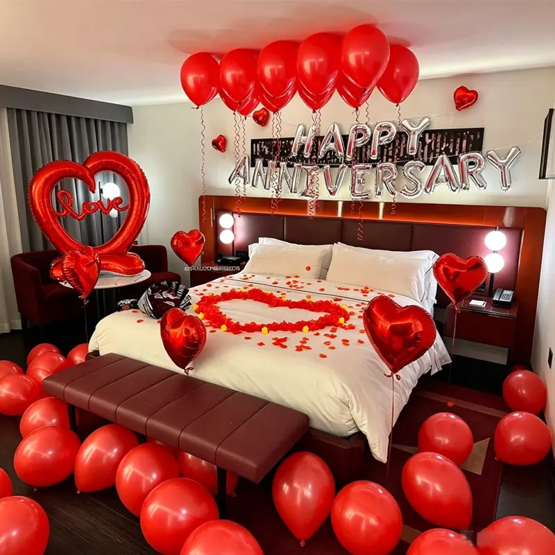 Anniversary Balloon Set, Silver Color Happy Anniversary Letters, Rose Petals, Large Standing Heart, Party Decorations