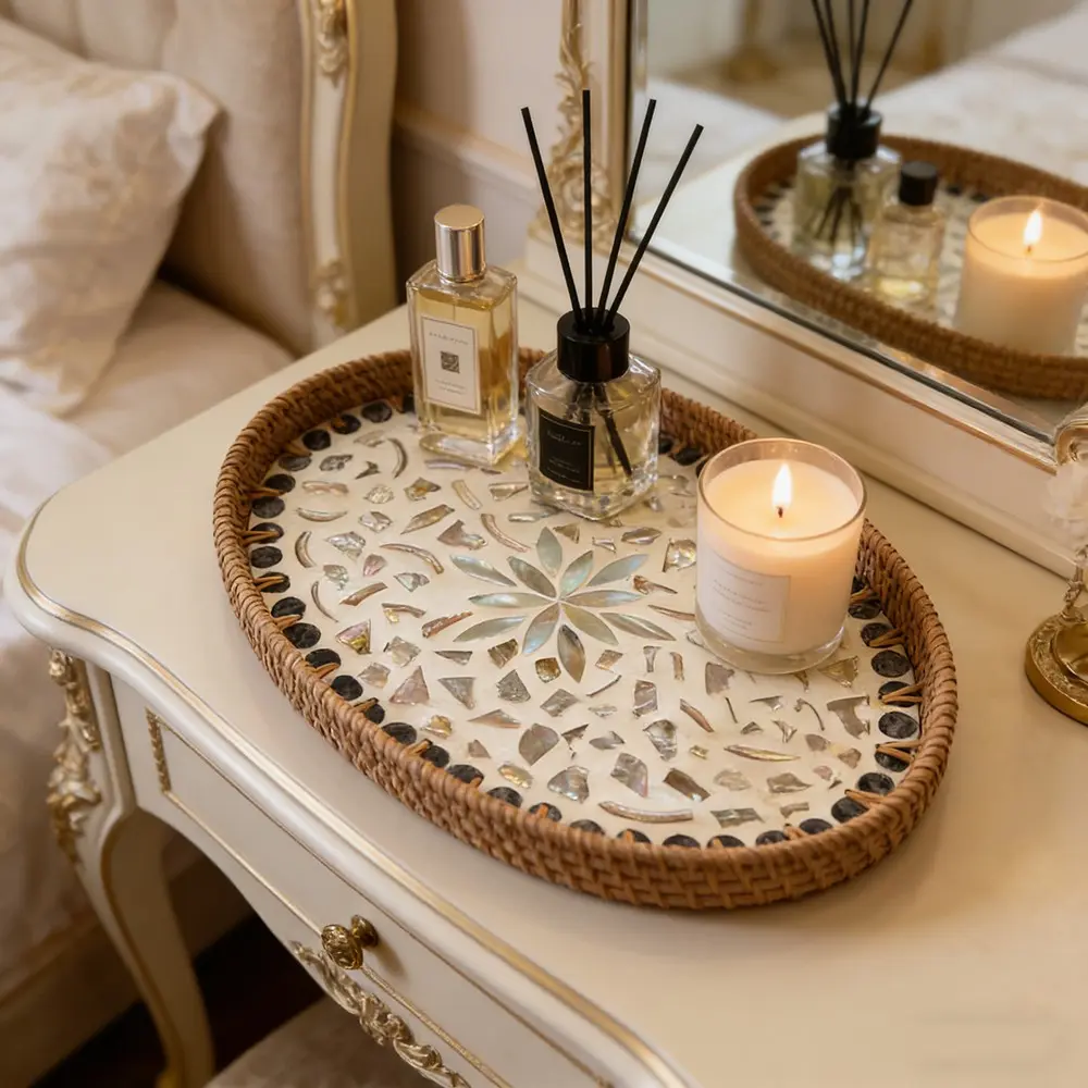 Elliptical Rattan Storage Tray, Bohemian Style with Pearl Shell Inlay, Handmade Artistic Craftsmanship Fruit Tray, Decorative Jewelry and Tea Box, Home Decor