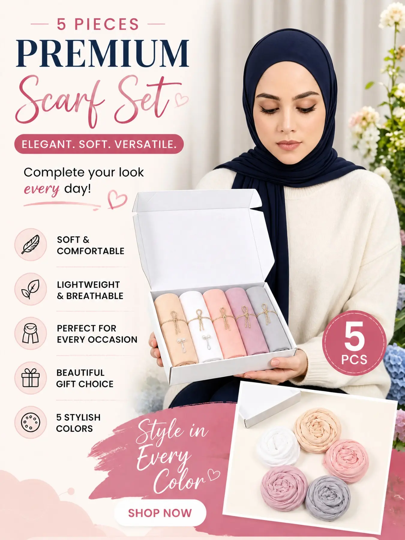 5 pieces per box Solid Color Muslim Hijab Gift Set for Women, jersey hijab, Muslim Headscarf Cover, 165*55cm, stylish scarf and shawl hijab, suitable for daily wear and holiday gifting, matching accessory for abayas
