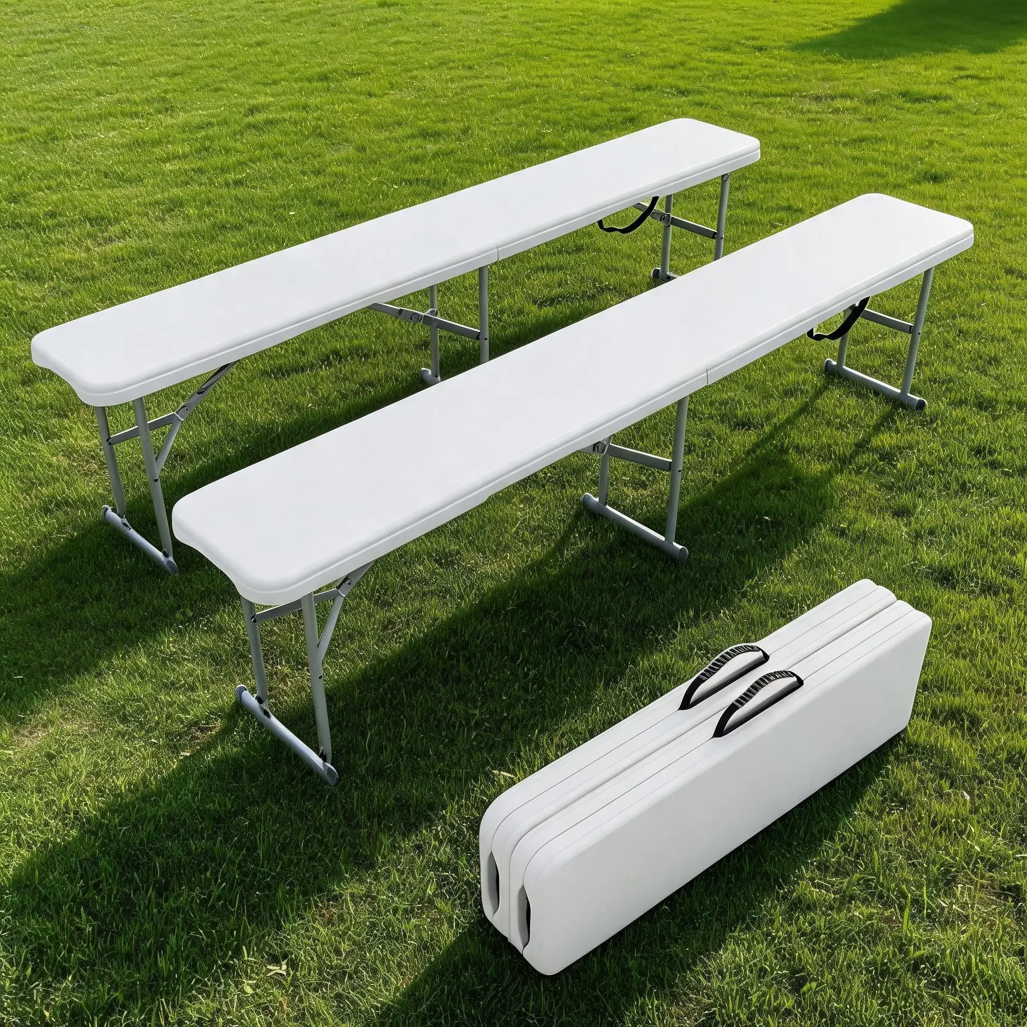 GARVEE 6-Foot Portable Folding Bench 2 Pack with HDPE Plastic Foldable BenchTop and Carrying Handle, Ideal for Outdoor Picnic, Camping, Party, and Sports Activities - White
