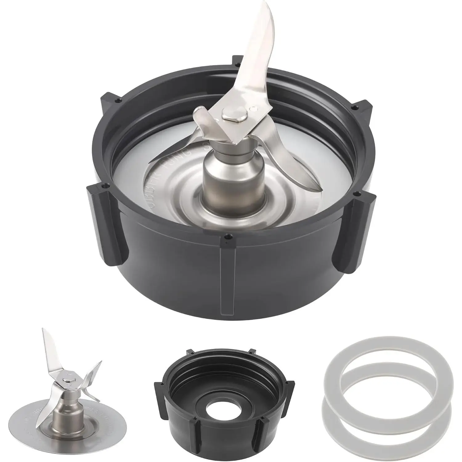Pet Kitchen Blender Replacement Parts Kit - 4-Point Food-Grade Stainless Steel Ice-Crushing Blade, 2 3/4" Blade Base Outer Diameter, Sturdy BPA-Free ABS Jar Base Cap, 2 Premium Flexible Rubber Gaskets, Food-Grade Stainless Steel Blade